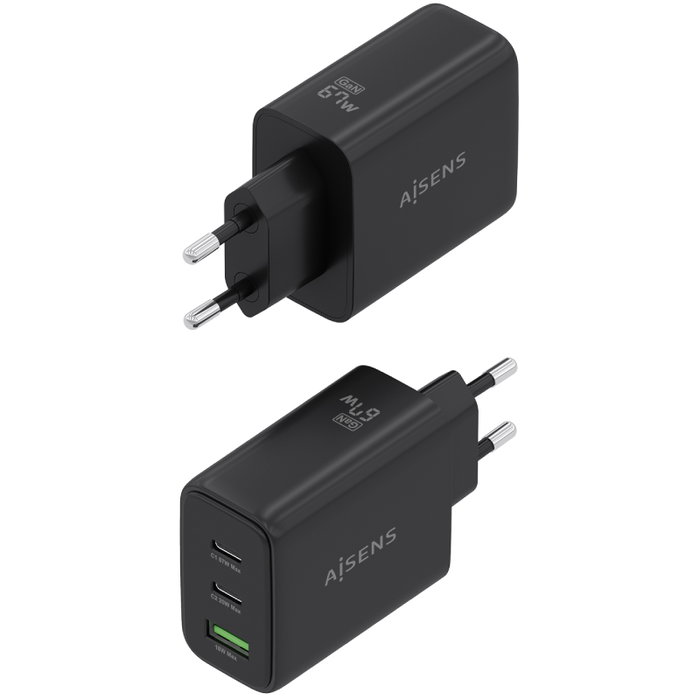 Aisens Cargador de Pared GaN 67W con 2xUSB-C y 1xUSB-A, Negro
